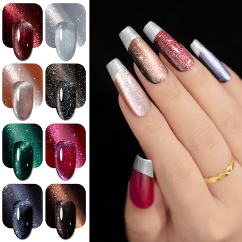 YTD Likomey UV Gel Nagellack Set,Magnetische Katzenaugen 8 Farben Nagellac Gellack mit Magnetleiste Maniküre Cat Eye Gel Polish Kit,8×7.5ml