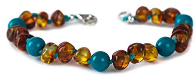 Baby J's - Pulsera/tobillera de ámbar ajustable de primera calidad - Variedad de colores - 100% ámbar báltico genuino - Anudada para evitar la dispersión (Coñac y turquesa)