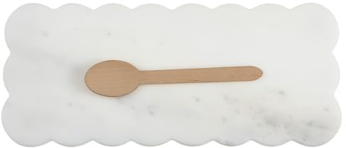 Newtay White Scallop Marble Board 12 x 5 Cutting Board with Rubber Feet, Scalloped Marble Tray Decorative Pastry Board for Kitchen Cake Bread Baking Cheese Display