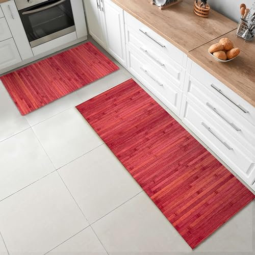CosìCasa Set 2 Stück Bambus-Teppich für die Küche, umweltfreundlich, rutschfest, waschbar, ideal als Läufer für Küche oder Eingangsbereich innen: 50 x 75 + 50 x 140, Rot