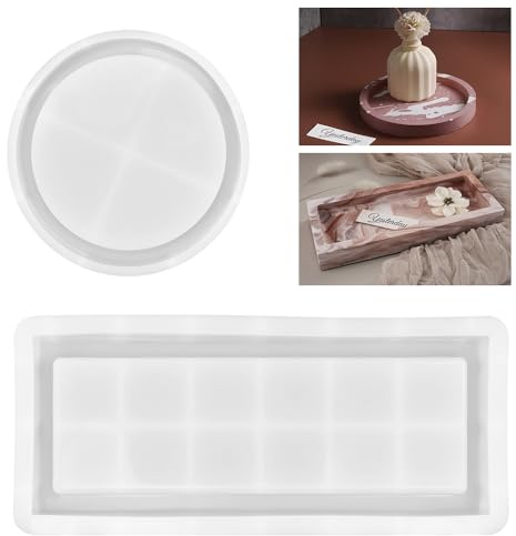 YAANBUNB 2 Stück Silikonform Tablett, Rechteckig/Rund Gießformen mit Rillen Wiederverwendbar Silikonformen Epoxidharz Formen Groß für DIY Teetablett Obsttablett Kunsthandwerk Heimdekoration Weiß