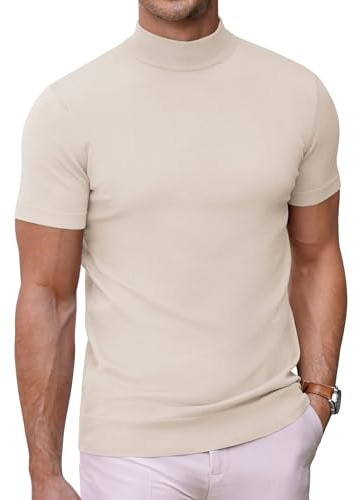 COOFANDY Herr T-shirt med ståkrage stickad herrpolotröja tröja kortärmad halvkrage undertröja slim fit basic toppar, Aprikos, S