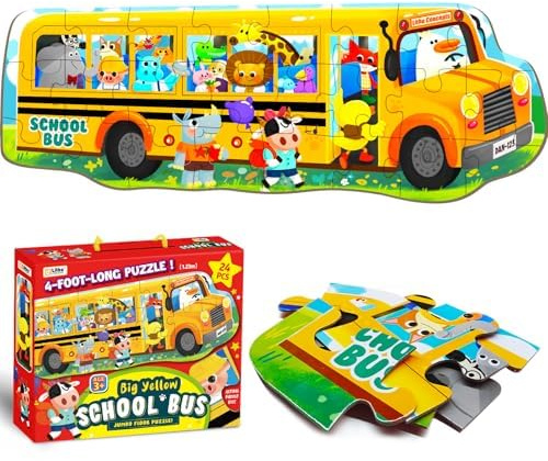 Extra-Large School Bus Floor Puzzle for Kids Ages 3-8 – 4-Foot Jumbo Jigsaw 24 Oversized Pieces Educational Toy for Toddlers Preschool Boys Girls