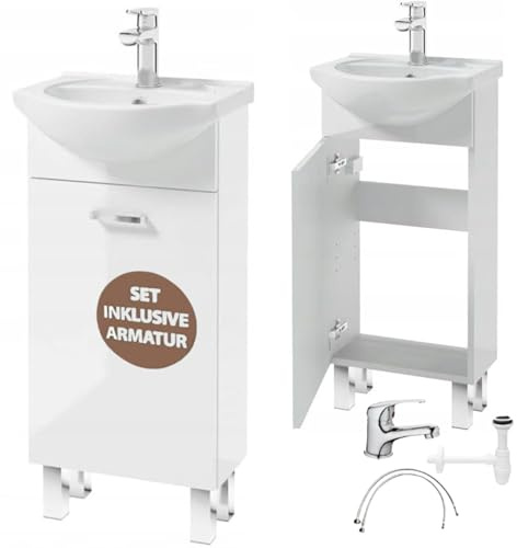 Deftrans Armadietto Bagno Con Lavabo, 40 x 84 x 20 cm Bianco In Piedi, Piccolo Lavandino Con Mobiletto Ospiti WC