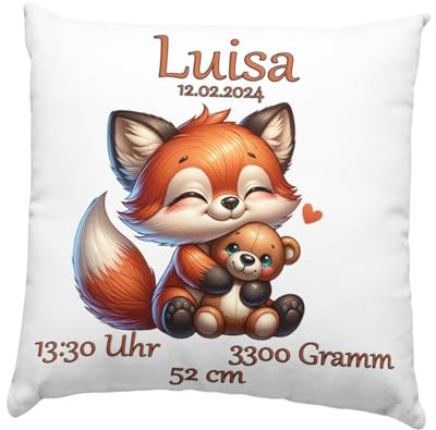Baby Geschenk Kissen mit Namen und Geburtsdaten - Geburt Junge oder Mädchen Geburtsgeschenk Babykissen -personalisierte Babygeschenke -taufgeschenk von Taufpaten - neugeborenen Fuchs mit Bär