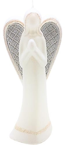 Dekohelden24 Candela di alta qualità fatta a mano come angelo in preghiera, candela d'angelo con glitter, scultura d'angelo in cera di colore bianco, dimensioni (lunghezza x larghezza x altezza