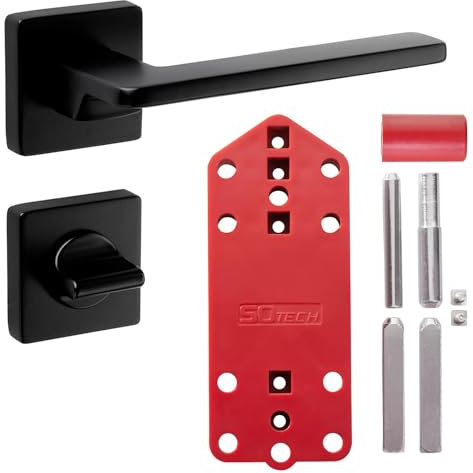 SOTECH ADAMO Set maniglia quadrata nera opaca per porta con rosette per maniglia per porta del bagno/WC, maniglia per porta, ferramenta per porta con materiale di montaggio e dima di foratura