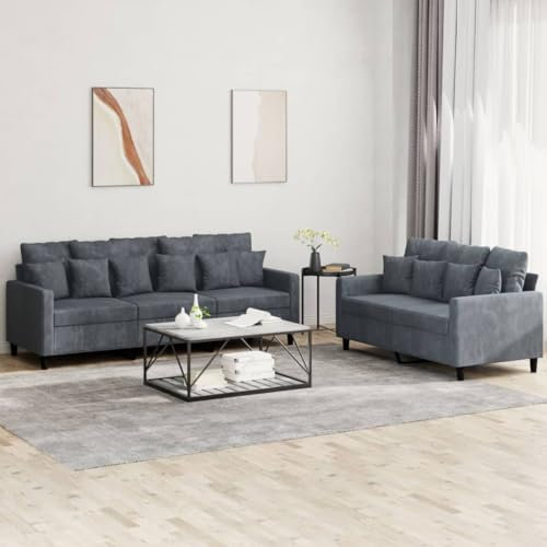 Homgoday 2-TLG. Sofagarnitur mit Kissen Wohnzimmersofa Loungesofa Sofa Couch Couchgarnitur Gästesofa Moderner Doppelsofa Sitzmöbel für Wohnzimmer Schlafzimmer Büro Dunkelgrau Samt