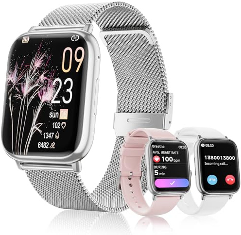 Loekneue Women's Men's Smart Watch with Bluetooth 5.3 Call, 1.83 Inch HD Smartwatch, Sleep Monitor SpO2 Menstrual Cycle IP68 Heart Rate Monitor Fitness Pedometer for Android iOS (Silver)