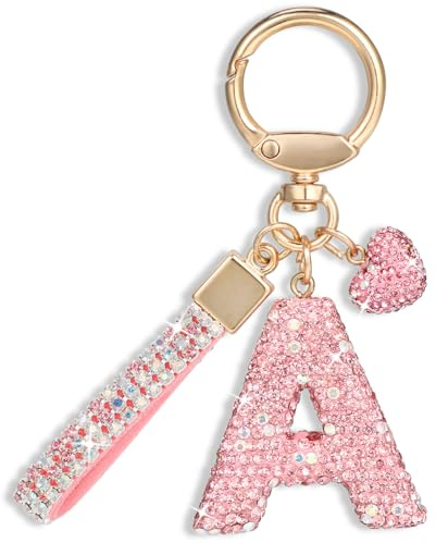 MWOOT Rose Voiture Porte clés Cadeau pour Femmes Filles Initial Lettre Porte-clés Mignon Bling Lettre Pendentif pour Sac à main Charms, Lettre A