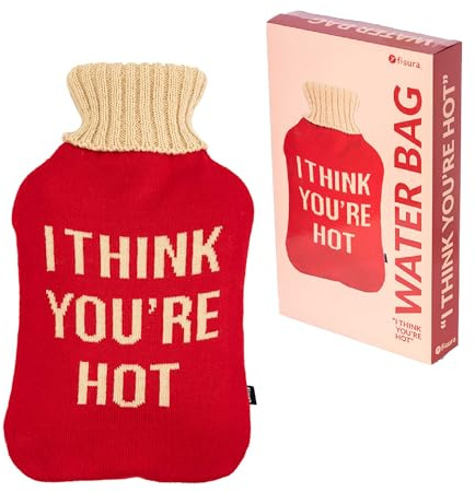Fisura - Borsa dell'acqua calda I think you're hot rosso e beige. Borsa dell'acqua calda da 2 L con fodera morbida. Borsa per alleviare il dolore. Lavabile.