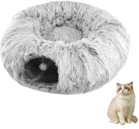 Plüsch Katzentunnel Rund Mit Schlafplatz, Katzenspielzeug für Indoor-Katzen, Weiches Katzenbett, Großer Katzentunnel Rascheltunnel Für Katzen Donut Form (Grau)