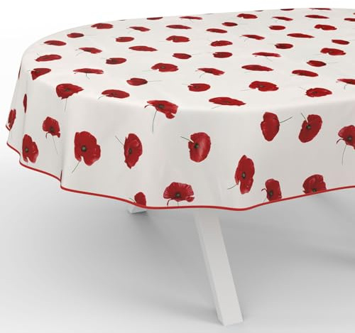 ANRO Wachstuchtischdecke Wachstischdecke Wachstuch Tischdecke abwaschbar Gartentischdecke Wasserabweisend Oval 160x140cm mit Saum (Eingefasst) Mohnblume
