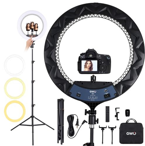 GWO 18 inch LED Ring Light with Tripod Stand 6000K Dimmable Makeup Selfie Light with Touch Panel Phone Holders for YouTube Vlog Video Shooting Include Carrying Bag and Remote Control CRI>90