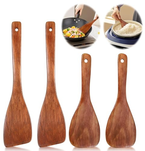 4 Stück Pfannenwender Holz, Kchen Spatel Set Holzspatel Zum Kochen Pfannenwender Aus Holz Holzspatel Küche mit Maserung Langem Griff Antihaft Holzspachtel für Wok Pfanne mit Antihaftbeschichtung