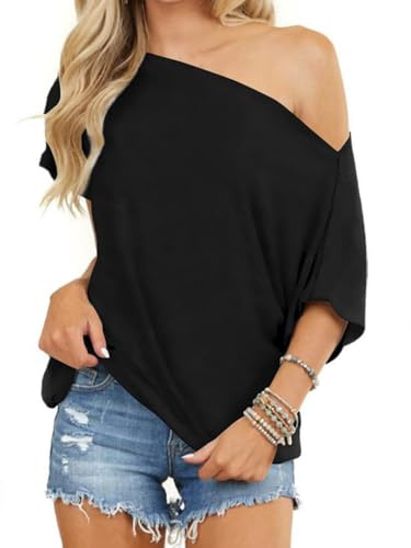 Off Shoulder Oberteil Daman Schulterfreie Sommer One Shoulder Carmen Shirt | Fledermausärme Shirts,Oversize Longshirt,Sexy Oberteile Party Festival T Shirts,Elegant,Lässig