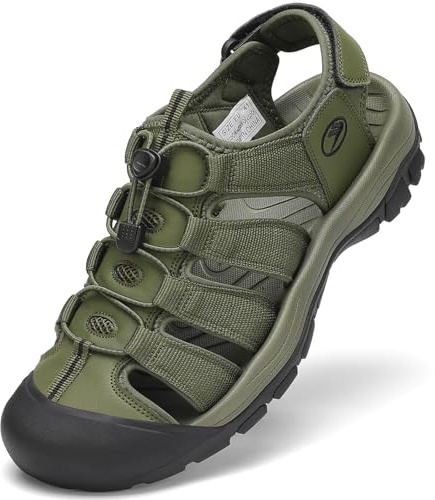 FLARUT Sandaler Sport Herr Sommar Utomhus Strand Vandring Läder Skor Kardborreband Vattentäta Skor Strand(Grön,41 EU)