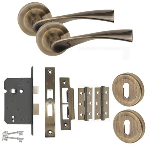 Golden Grace Astrid Key Lock Door Handles Set, Antique Brass, Key Lock Set | Includes 3-inch ball bearing hinges, a keyhole escutcheon, and a 64mm 3-lever mortise lock on a rose base.