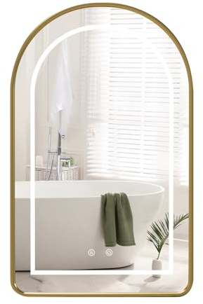 KEEPREAPER Badezimmerschrank mit Spiegel,Badschrank hängend mit Lichtband und Nebelentfernung, Wandschrank für Badezimmer modern,Keine Montage erforderlich (Gold mit Licht)