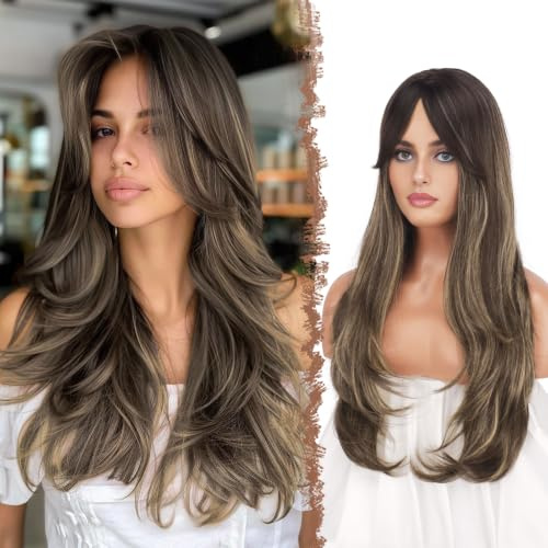 FESHFEN Lange Perücken mit Pony, Geschichtete Perücke für Damen Frauen Natürliche Synthetik Haare Layered Perucken für Tägliche Party Cosplay, 65 cm Ombre Braun Blond