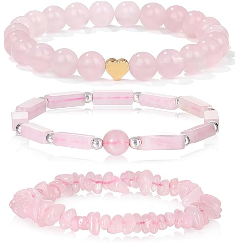 FloralGrace 3 piezas pulseras de cuarzo rosa para mujer 8mm pulsera de cuarzo rosa con cuentas de piedra natural pulseras elásticas hechas a mano con piedras preciosas pulsera sanadora
