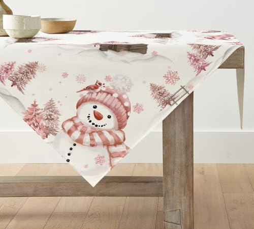Artoid Mode - Tovaglia natalizia rosa con pupazzo di neve e alberi, decorazione invernale per la cucina, decorazione da tavolo per interni, festa, vacanza, 120x120 cm