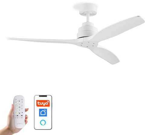 YOEVU Ventilador de techo, 132 cm, blanco, 30W, 3 aspas, motor DC silencioso, 6 velocidades, mando y WiFi, compatible con Alexa y app, control inteligente y eficiencia energética