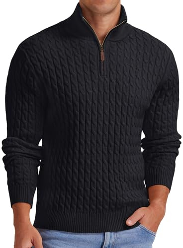 QIXING Mens Quarter Zip Jumper Cable Knit Mock Neck Thick Soft Jumper 1/4 Zip Casual Winter Knitted Pullover with Ribbed Edge