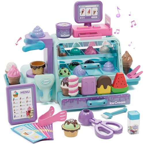 Lehoo Castle Eisdiele Kinder, Spielzeug ab 3 Jahre, Kaufladen Zubehör, Kaufmannsladen Zubehör, Eisladen, Kinderküche Zubehör, Mädchen Geschenke 3 Jahre (Blau)