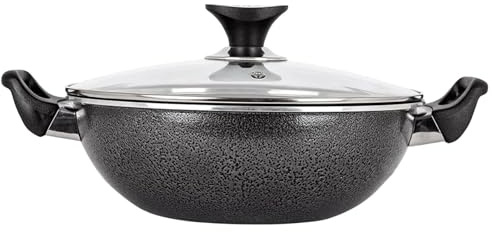 Non Stick Wok with Lid Deep Cooking Karahi Pan Induction Gas Electric Cooking Pot Dishwasher Safe Speckled Marble Finish Easy Clean Stay Cool Handle Compatible with All Stovetops PFOA Free