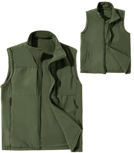 AIEOE Vändbar väst för män, vinter, varm fleeceväst, vändbar, softshell väst, utomhusjacka, ärmlös, övergångsjacka, Grön, XL
