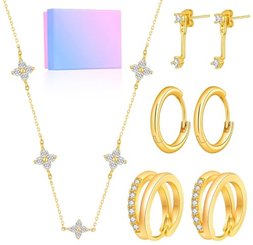 Ouxayapl 4 stycken guldsmyckeset dam, guldkedja smycken set med 3 par örhängen guld, kedja guld dam halsband, smycken guldörhängen små kreoler guldkedjor presenter födelsedag