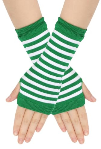 Tongcloud 2 Pairs Stripe Fingerless Gloves for Women Striped Arm Warmers Unisex Knit Mitten Gloves Typing for Girls Men(Green and White)