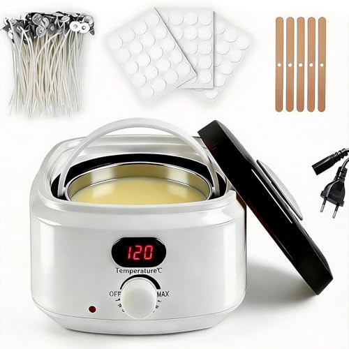 Wachsschmelzer, Elektrischer Wachsschmelzer, 500ml Kerzen Selber Machen Set, Elektrischer Wachsschmelztopf für Kerzenherstellung, inklusive 100 Kerzendochte, 5 Zentrierhilfen, 60 Dochtaufkleber