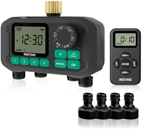 RESTMO 4-Zonen RF-Bewässerungscomputer, Bewässerungstimer mit Fernbedienung | automatisch/manuell/Regenverzögerung, für Gartenschlauch & Außenwasserhahn, Rasenbewässerung