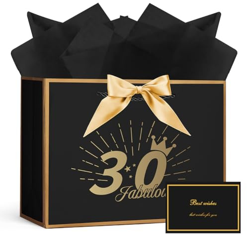 AOOSU Geschenktüte 30 Geburtstag, Papier Geschenktüten mit Schleife+1 Grußkarten+3 Seidenpapier, Schwarz Geschenktaschen Frauen Männer 30th Birthday Gift Bag, Geschenkverpackung für Geschenk Jahrestag