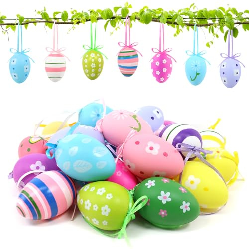 24 Pezzi Uova Appese di Pasqua,DIY Uova di Pasqua Decorative,6 cm Uova Colorate Pasquali,Decorazione Primaverile,Completo di Nastro, Adatto sia per Decorazioni Pasquali Interne Che Esterne