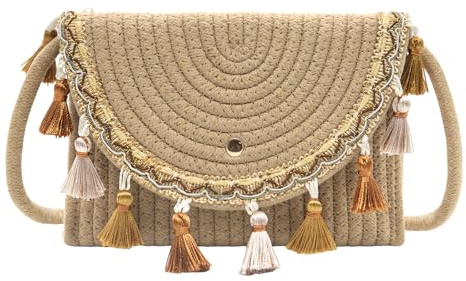 Long Keeper Straw Crossbody Bag for Women Bohemian Summer Beach Clutch Purse Woven Tassels Shoulder Bag Envelope Handbag for Vacation Travel