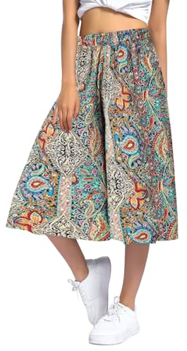 Générique Pantalon Jupe Femme Décontractée 7/8eme Léger Taille Elastique Pantalon Été Chic Ample Jupe Culotte avec Poches Fluide Large Pantalons