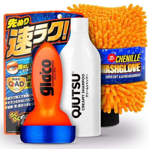 Auto Scheibenversiegelung Set | Soft99 QAD Glasversiegelung + QJUTSU Creamy Shampoo + Waschhandschuh | Regenabweiser für Autoscheiben + Autoshampoo | Nano Versiegelung