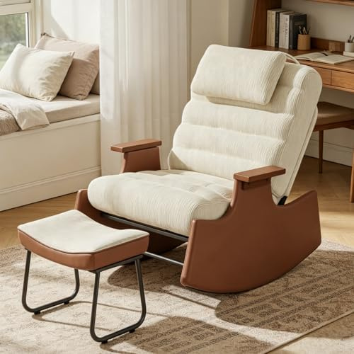 Mecedora con taburete, color beige, mecedora con reposapiés y 3 respaldos ajustables, sillón acolchado con reposabrazos y reposacabezas, silla de relax para salón, moderna, piel de cordero (beige +