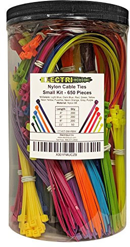 Electriduct Nylon Cable Tie Kit - 650 Zip Ties - Multi Color (Blue, Red, Green, Yellow, Fuchsia, Orange, Gray, Purple) - Assorted Lengths 4, 6, 8, 11