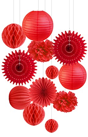 EASY JOY Ensemble de Décoration de Fête Rouge, Pompon en Papier de Soie Évantail Rosace Papier Boules en Nid d'abeille Landerne Chinois Deco pour Chambre,Marriage,Anniversaire Lot de 13
