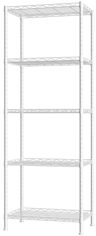 HOME BI 5-nivåers hyllenhet, 5 lager höga förvaringshyllor, metall hem organiseringsställ för garderob, garage, skafferi, kök, tvättstuga, gosig, badrum, 53 cm B x 28 cm D x 150 cm H, vit