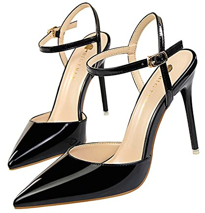 Dammode spetsig hög klack patentläder ankelrem stilett stängd tå klänning flicka sandaler klänning pumps hovskor pumps hovskor för fest nattklubb bröllop häl höjd 10,5 cm, Svart - Svart - 34 EU