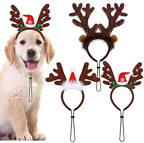 Pedgot Weihnachtliche Haustier-Kopfbedeckung, Haarschleife, braunes Rentiergeweih, Haarschmuck für Hunde, 3 Stück