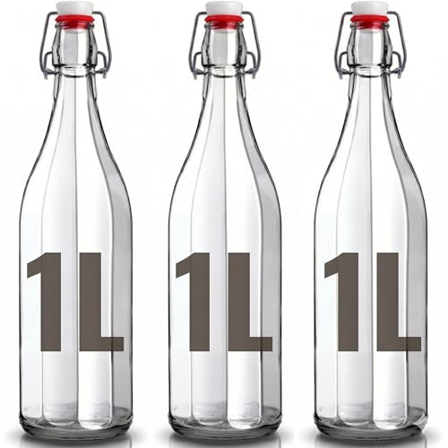 Bottiglie di Vetro da 1 Litro con Tappo Ermetico - Set Bottiglie Vetro per Acqua, Vino e Olio | Design Costolato Vintage Made in Italy | Bottiglia Vetro 1 Litro per Cocktail e Conserve