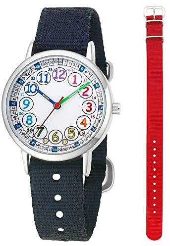 gedaer Kids Analog Quartz Wrist Watch Girls Boys Learning Watch 2pcs Change Interchangeable Textile Strap,Learning Read Time (Black+red)