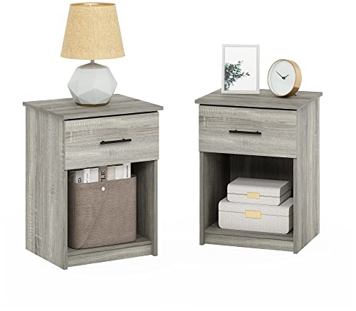 Furinno TIDUR Night Stand Set of 2, Nightstand with Drawer, Bedside Table, End Table, Side Table with Storage Shelf, Bar Handle Drawer, for Bedroom, Living Room, French Oak Grey