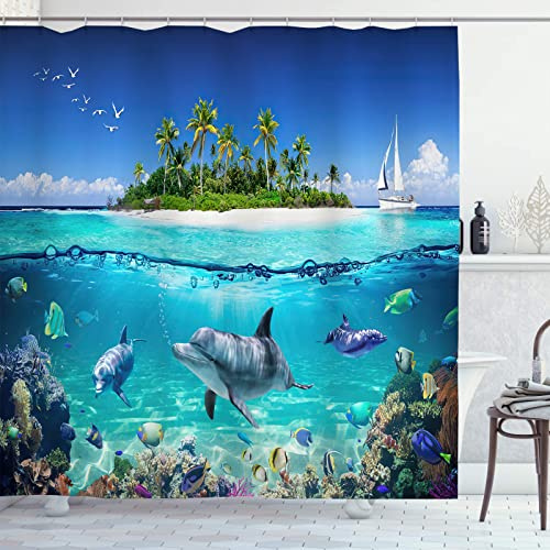 OCEUMACO Duschvorhang Delphin Türkis Unterwasserwelt 240x200 Fische Palmen Shower Curtains Textil Antischimmel Wasserdicht Duschvorhänge Badewanne Stoff Waschbar Extra Breit Vorhang mit Haken